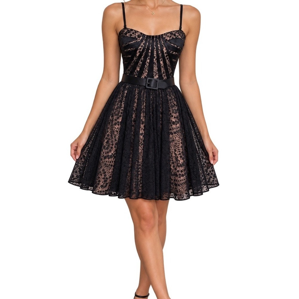 Aidan Mattox Lace Fit & Flare Dress Belted Womens 8 Black Hoco Dark Fairy